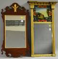 Chippendale Mahogany Mirror and a Federal Giltwood Tabernacle Mirror with Reversepainted Glass Tablet Depicting a Landscape with Co