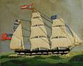 Woolwork Portrait of an American Threemasted Sailing Ship and Two Small Folio Lithographs