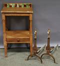 Pair of Cahill Brass Urntop Wrought Iron Knife Blade Andirons and a Pine Washstand with Tileinset Backsplash