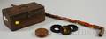 Folk Art Polychrome Painted Snakecarved Wooden Cane an Ironmounted Chipcarved Wooden Box and Three Snuff Boxes and Covers