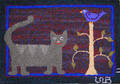 Cat and Bird Scene Hooked Mat