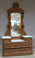 Victorian Renaissance Revival White Marbletop Carved Walnut Dropwell Dresser