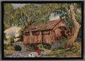 Wool Hooked Rug Depicting a Covered Bridge Scene