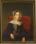 19th Century American School Oil on Canvas Portrait of a Woman Seated in a Red Upholstered Chair