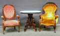 Two Victorian Rococo Revival Upholstered Carved Walnut Parlor Armchairs and a Victorian Oval White Marbletop Walnut Occasional Tabl