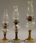 Three Pressed Colorless Glass Brass and Marble Kerosene Table Lamps