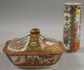 Chinese Export Rose Medallion Porcelain Vase and Rectangular Covered Vegetable Dish