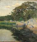 Attributed to Grace Parrish Emerson American 18711960 View of a Rowboat on a Lake at Dusk