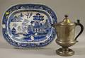 Pewter Footed Coffeepot and a Ridgways Blue Willow Pattern Platter