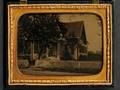 Half Plate Ambrotype of a Gothic Cottage with a Boy and Dog Sitting on the Porch