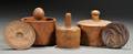 Three Carved Wooden Butter Molds and Three Butter Stamps