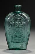 BlueGreen Blown Molded Historical MasonicEagle Glass Flask