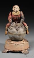 Polychrome Painted Cast Iron Clown on Globe Bank
