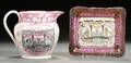 Sunderland Pink Lustre Transferdecorated Pottery Masonic Jug and Plaque