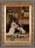 American School 19th Century Woman with Dog in an Artistic Interior