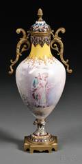 Sevres Porcelain Champleve and Yellow Metalmounted Vase and Cover
