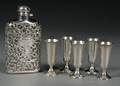Alvin Sterling Overlay Colorless Glass Flask with Five Sterling Cordial Stems