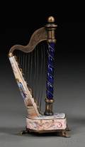 Viennese Miniature Silver and Enamel Harpform Vinaigrette