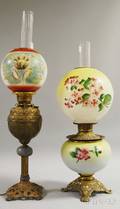 Late Victorian Transfer and Handpainted Floraldecorated Glass and Brass Kerosene GonewiththeWind Lamp and a Brass Kerosene Lam