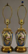 Pair of Gilt and Handpainted Landscapedecorated Porcelain VaseTable Lamps