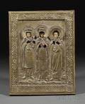 Russian Icon of Three Patron Saints with Brass Riza