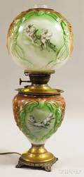 Late Victorian Painted and Transferdecorated Molded Glass GonewiththeWind Kerosene Table Lamp