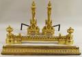 Pair of Baroque Flametop Andirons and Matching Fire Fender