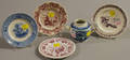 Four Staffordshire Transferdecorated Saucers and a Miniature Blue and White Teapot