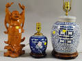 Asian Carved Wood Figure of Standing Buddha and Two Asian Blue and White Decorated Porcelain JarTable Lamps