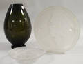 Two French Frosted Colorless Molded Glass Bowls and a Modern Amethystresist and Olive Glass Candle Shade