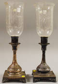 Pair of Silverplated Footed Candlesticks with Colorless Wheelcut Shades