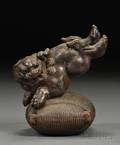 Bizen Ware Pottery Figure of a Shishi on a Rice Bail