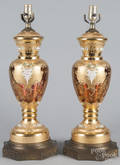 Pair of gilt and enamel decorated glass table lamps