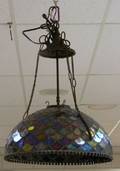 Leaded Iridescent Art Glass Graduated Fish Scale Pattern Hanging Lamp Shade with Patinated Metal Hardware and Fittings