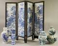 Four Chinese Blue and Whitedecorated Porcelain Vases and Two Woodframed Blue and White Warrior Scene and Mythical Battle Scenedec
