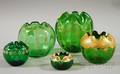 Five Late Victorian Enameldecorated Green Art Glass Rose Bowls
