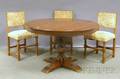 William  Marystyle Round Walnut Pedestalbase Table with a Set of Three Upholstered Oak Chairs