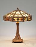 Painted Cast Metal Table Lamp with Metal Overlaid Slag Glass Panel Shade