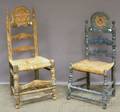 Two Spanish Colonial Carved and Painted Wood Slatback Side Chairs with Woven Rush Seats