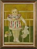 French School 20th Century Portrait of a Young Girl Standing in Her Crib