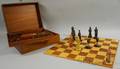 Cased Painted Figural Chess Set with Wood Parquetry Game Board