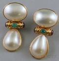 Pair of 14kt Gold Mabe Pearl Cabochon Ruby and Cabochon Emerald Earrings