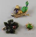 Three Gold Stone and Enamel Bird and Bug Brooches