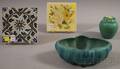 Rookwood Pottery Glazed Porcelain Cache Pot with Cover Van Briggle Pottery Turquoise Glazed Bowl and Two Art Pottery Tiles