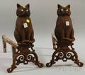 Pair of Cast Iron Cat and Scrollwork Andirons