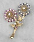 18kt Gold Ruby Sapphire and Diamond Flower Brooch