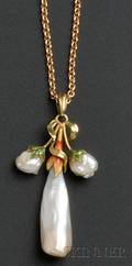 Art Nouveau 14kt Gold Freshwater Pearl and Enamel Pendant