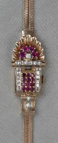 Retro 14kt Rose Gold Ruby and Diamond Covered Wristwatch Bulova
