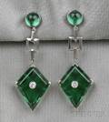 Art Deco Platinum Green Paste and Diamond Earpendants