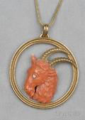 18kt Gold Carved Coral and Diamond Pendant